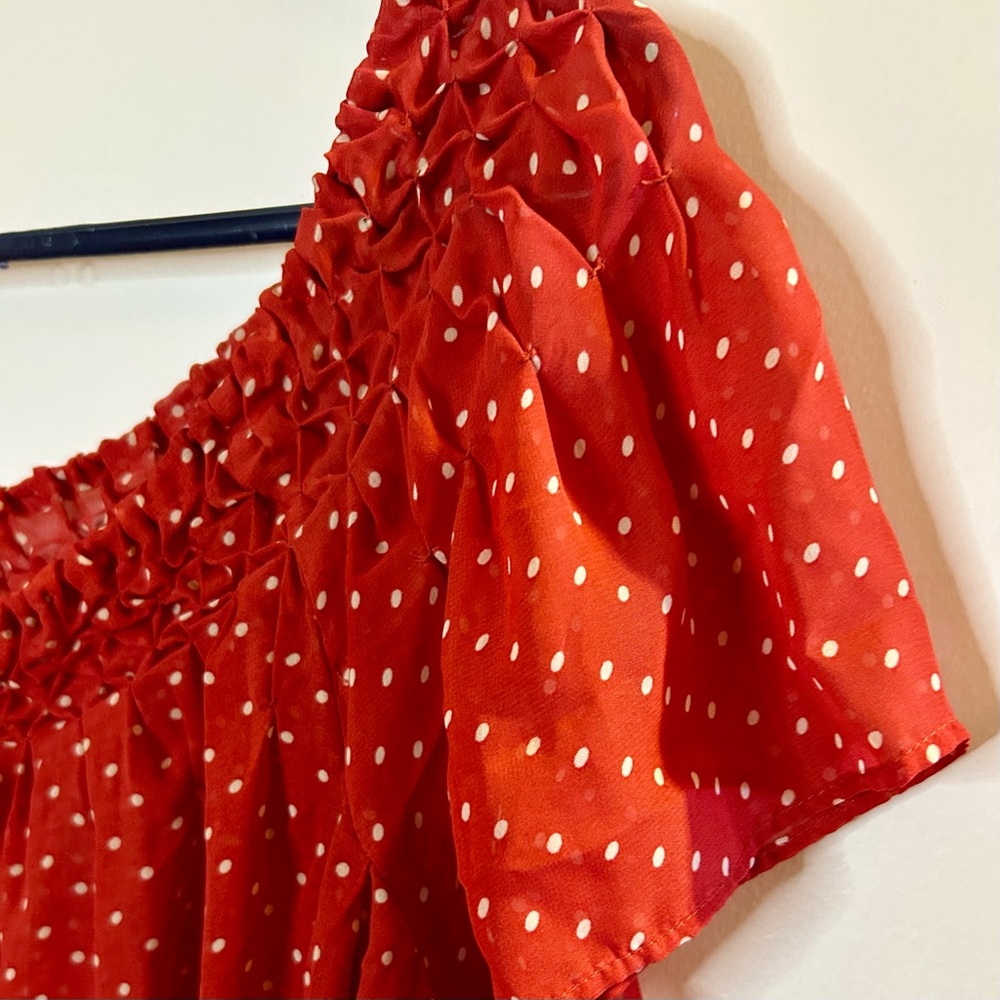 Vintage Cherry Red & White Polka Dot Blouse Shirred Scoop Neck Top Tassel Ties M - Picture 3 of 9